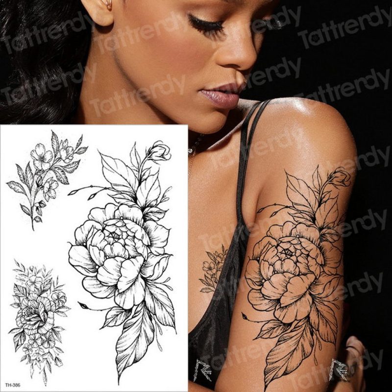 10 Pcs Temporary Tattoo Black Flower Tattoo Sleeves Water Transfer Tatoo Sticker Peony Rose Tattoos Body Art Sexy Tatoo Girl Arm Tatto