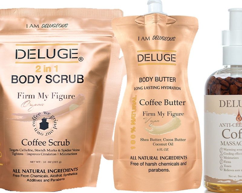 The Coffee Experience: Anti-Cellulite Massage Oil+ Body Scrub-Coffee+ Body Butter- Coffee+ Shampoo an Conditioner-Coffee