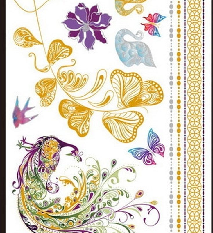 TATTRENDY – 10 Pcs Flash Metallic Waterproof Tattoo Temporary Color Gold Silver Women Fashion Peacock Feather Bird Design Sticker on the Body YH119